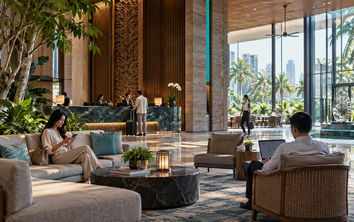 Guests working and using connected devices in a modern Malaysian hospitality lounge